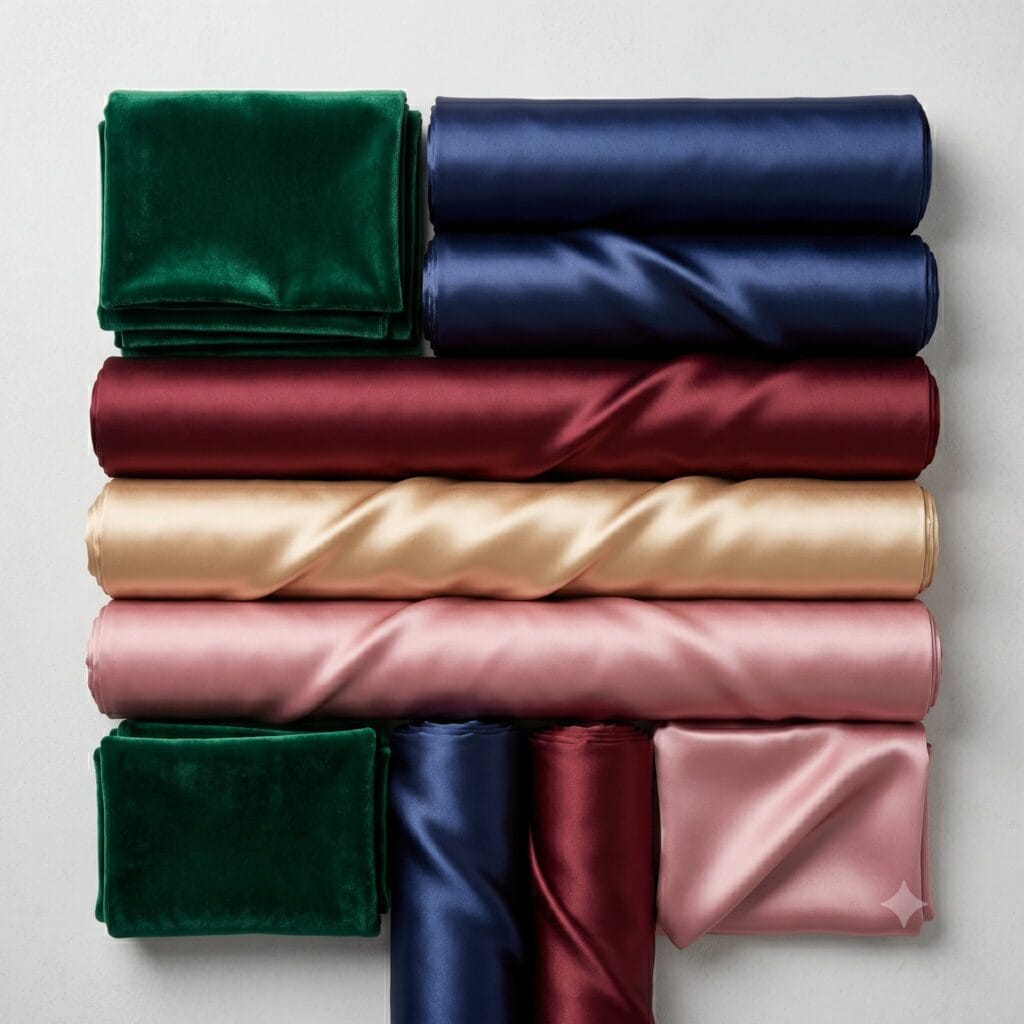 Berbagai jenis kain satin dan velvet dengan aneka warna