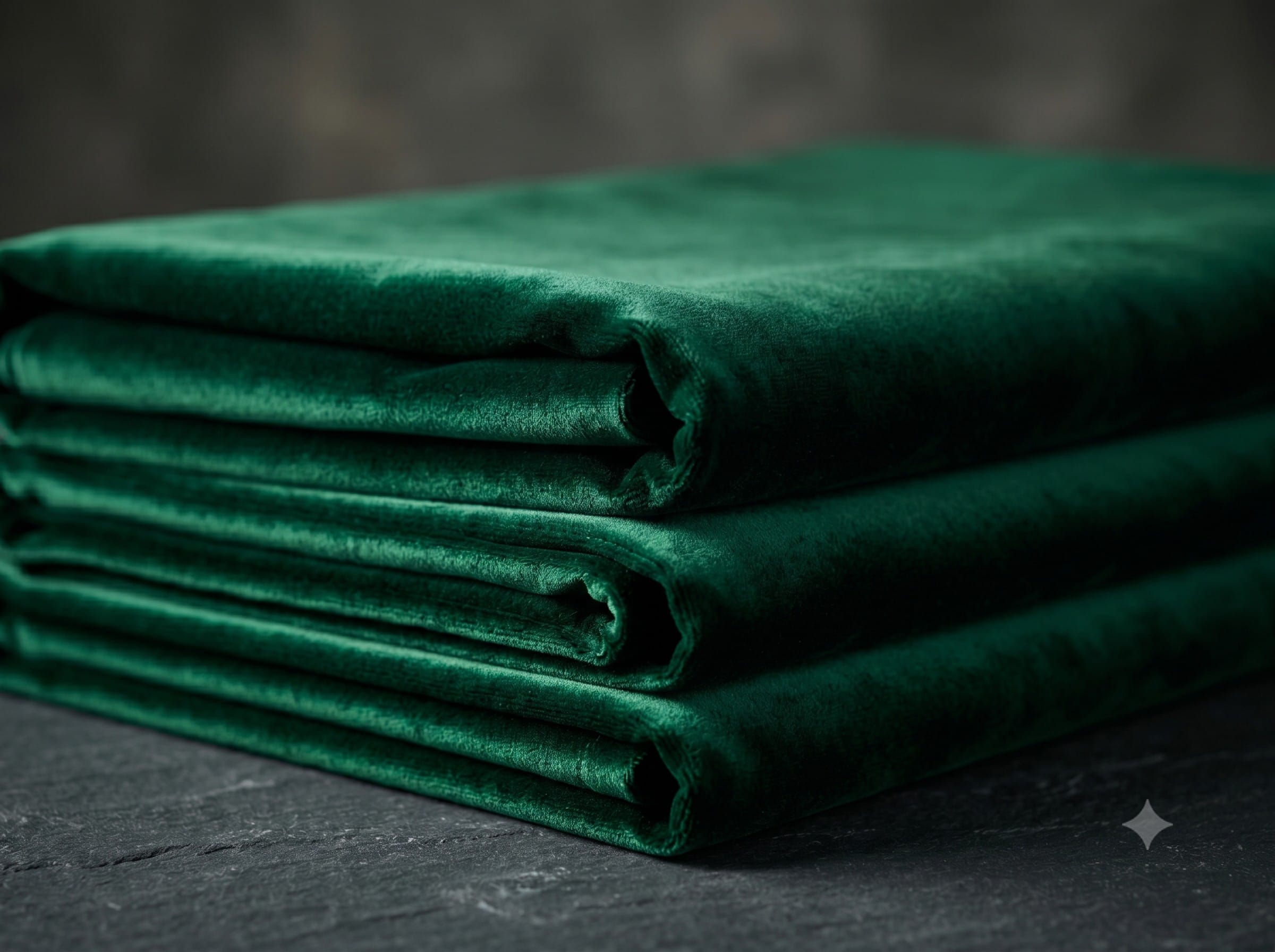 Kain satin velvet warna hijau emerald terlipat rapi