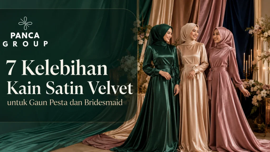 Tiga bridesmaid mengenakan gaun dari kain Satin Velvet Panca Textile