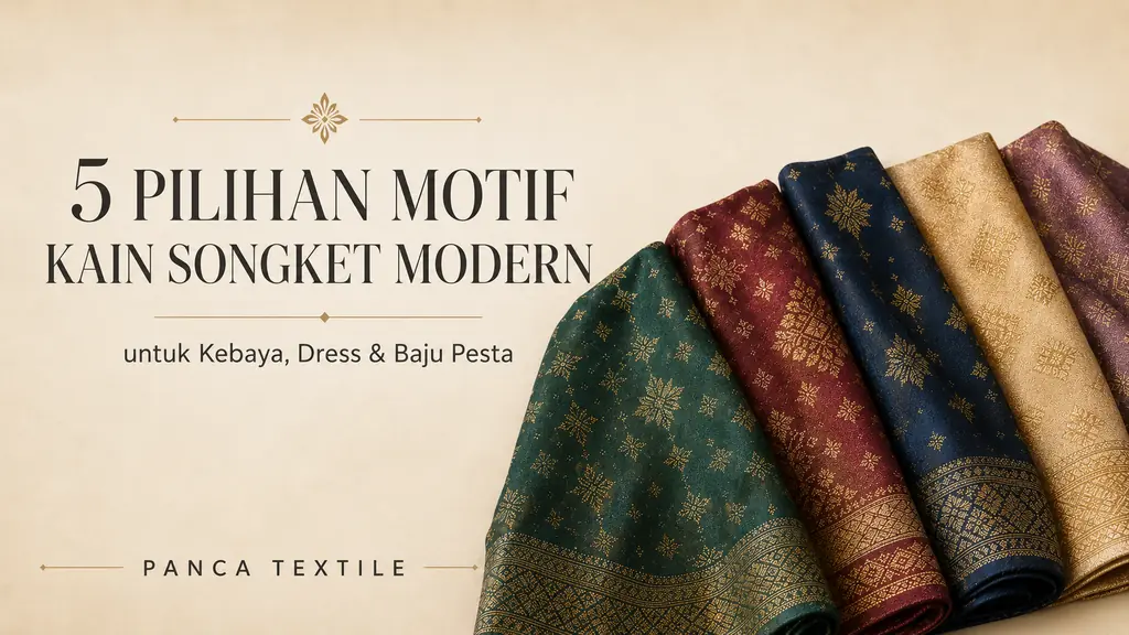 Kolase 5 motif kain songket modern dari Panca Textile untuk kebaya, dress, dan baju pesta