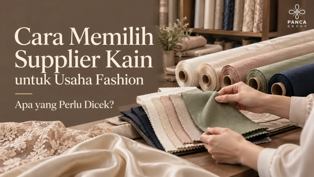 Memeriksa sampel kain di depan deretan kain roll untuk memilih supplier kain usaha fashion