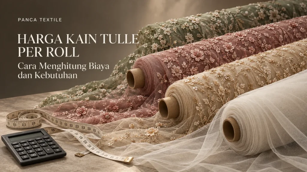 Ilustrasi harga kain tulle per roll: gulungan kain tulle polos dan bordir dengan meteran serta kalkulator untuk menghitung biaya pembelian rollan.