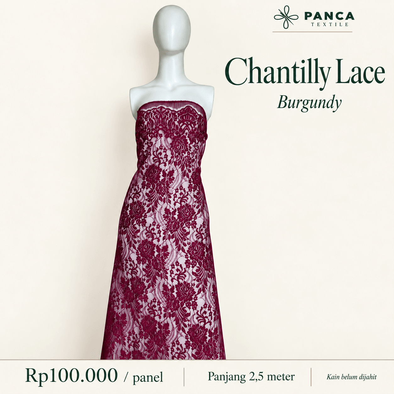 Chantilly Lace warna Burgundy per panel 2,5 meter