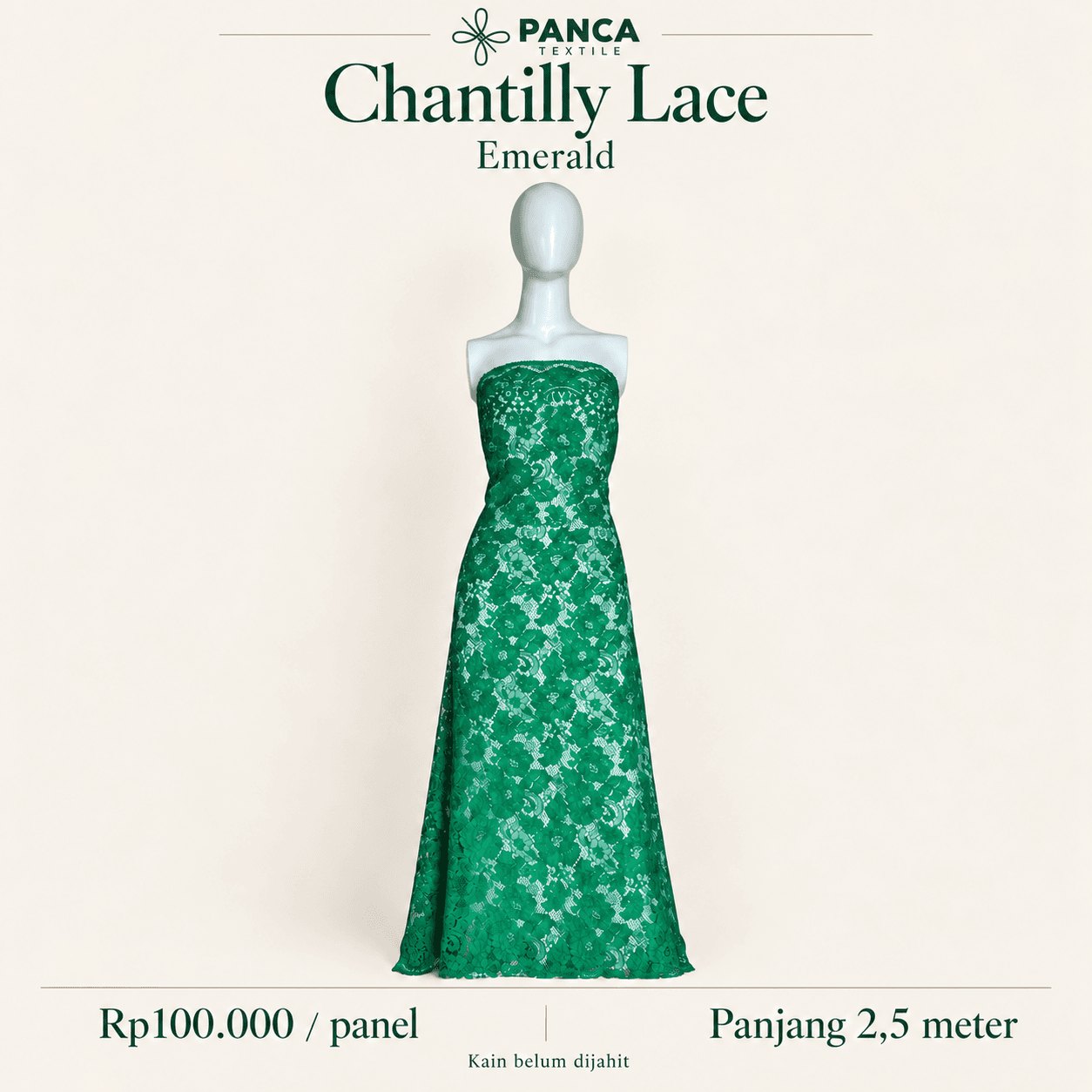 Chantilly Lace warna Emerald per panel 2,5 meter