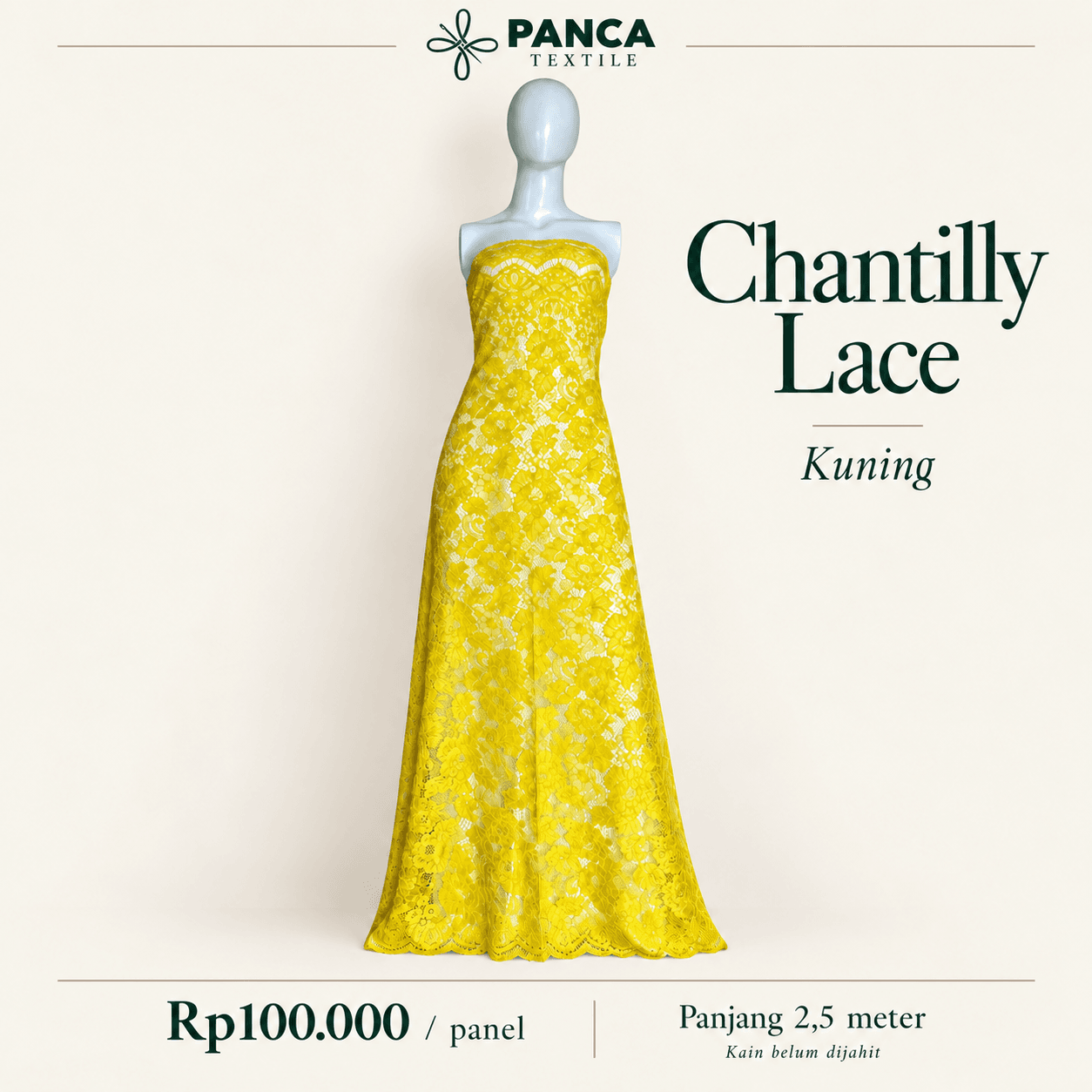 Chantilly Lace warna Kuning per panel 2,5 meter
