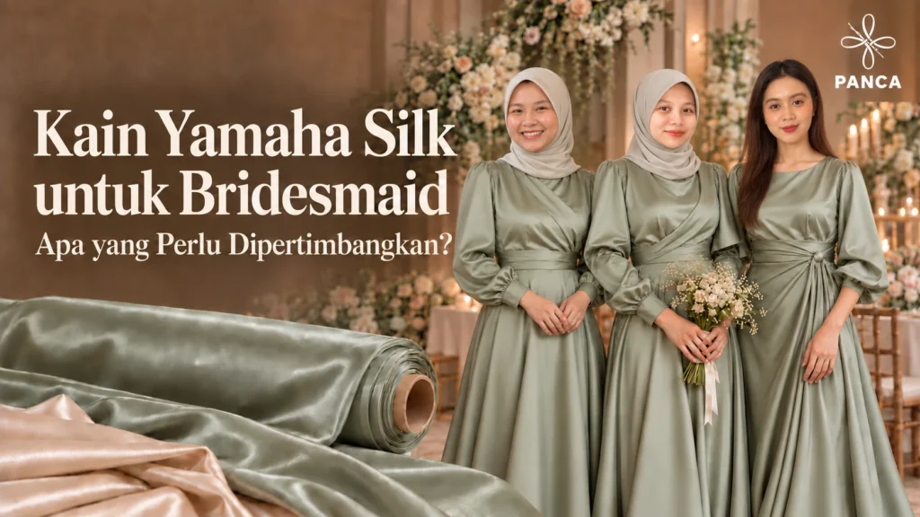 Ilustrasi kain Yamaha Silk untuk bridesmaid dengan tiga model berbusana sage dan gulungan kain.